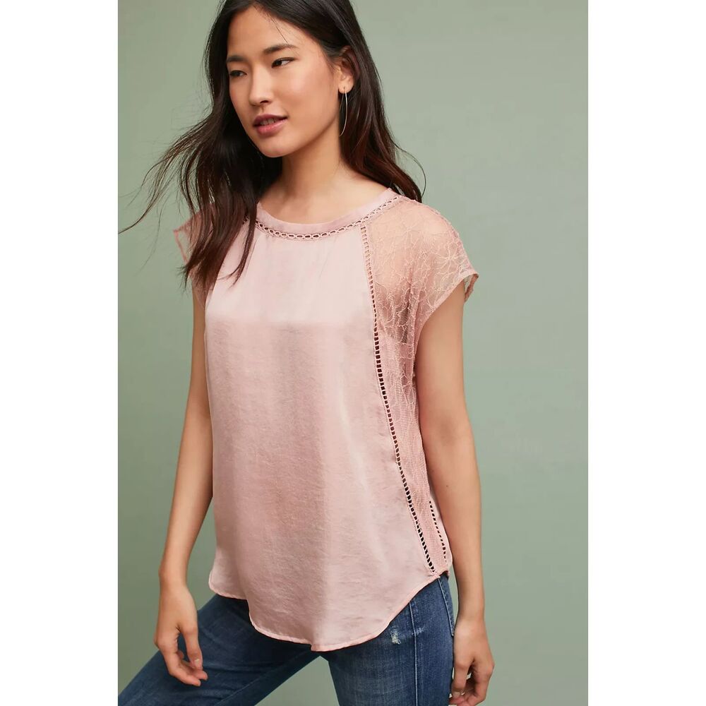 Blush Aruka Laced-Sleeve Shell Top Feather Bone Anthropologie L/XL